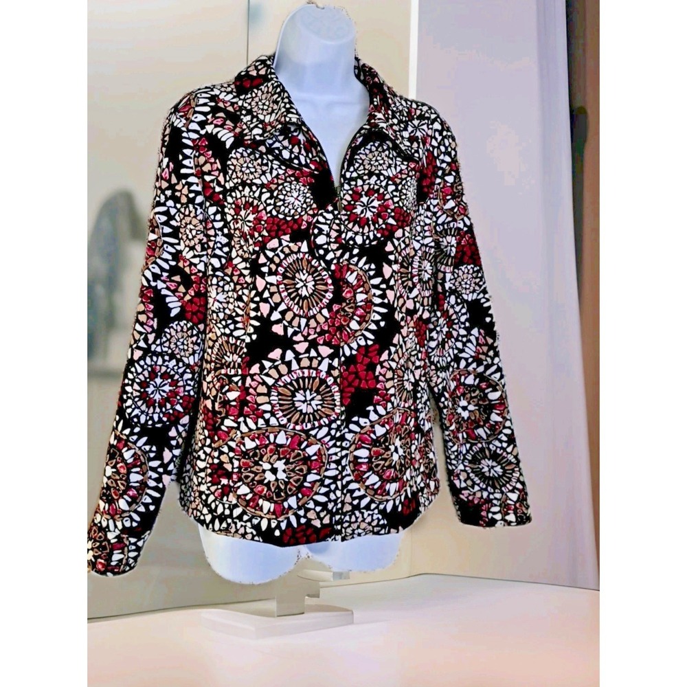 Christopher & Banks Jacket L Black Pink Geometric Print Stretch Full Zip Unlined